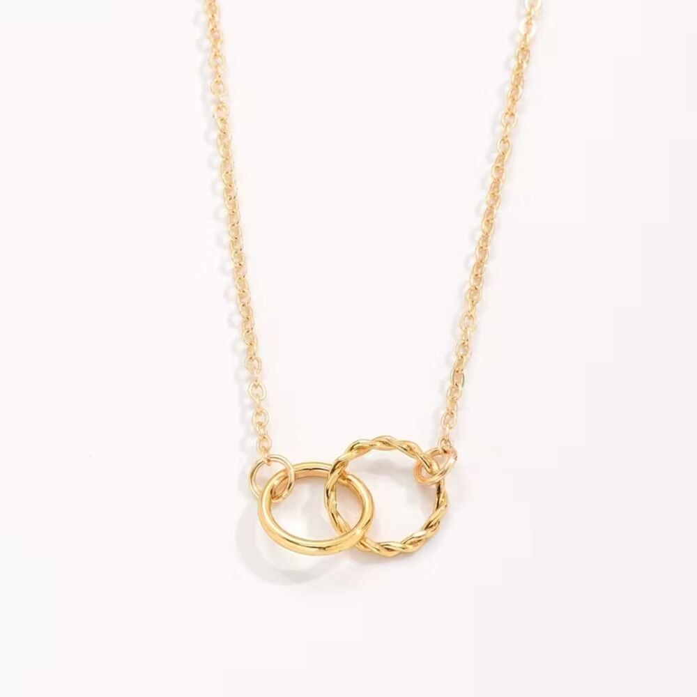 Gold Interlocking Circle Necklace Adjustable Chain Double Textured Ring Dainty